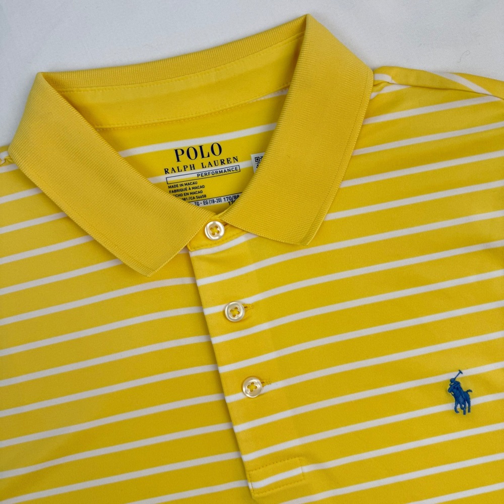 Polo Ralph Lauren Boys XL 18-20 Performance Striped Polo Shirt Yellow White